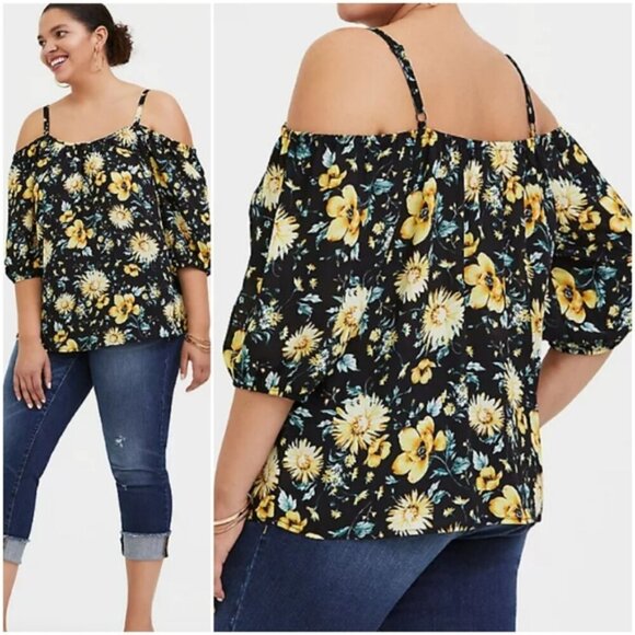Torrid Black and Yellow Floral Georgette Cold Shoulder Blouse in Size 1 (14/16) - Picture 1 of 13